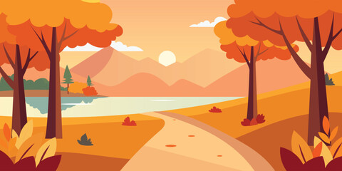 autumn landscape flat design with mountain and sunset © Thitaporn