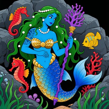 Oceanic Queen: Vibrant Mermaid with Coral Staff and Marine Companions Art