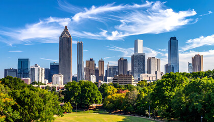 Obraz premium Panoramic cityscape vista with modern skyscrapers and lush green trees, sunny day with blue sky and wispy clouds
