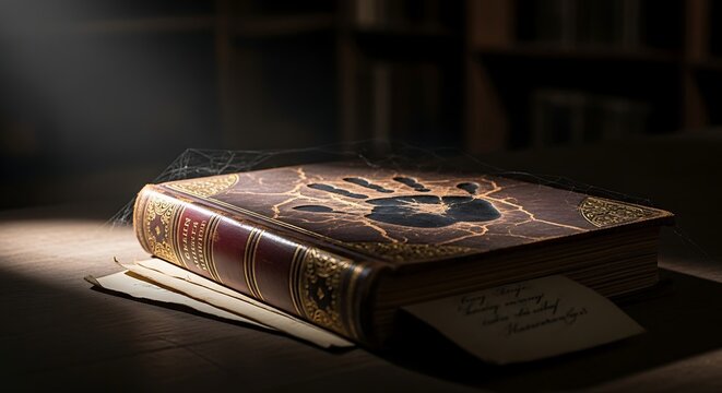 Ancient mysterious leather book with handprint and cobwebs