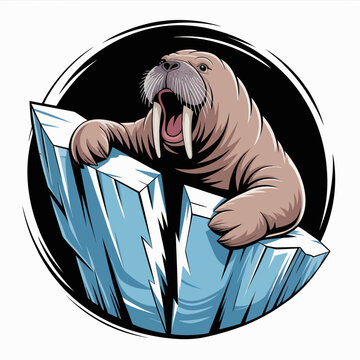 Cartoon walrus on ice floes illustration.