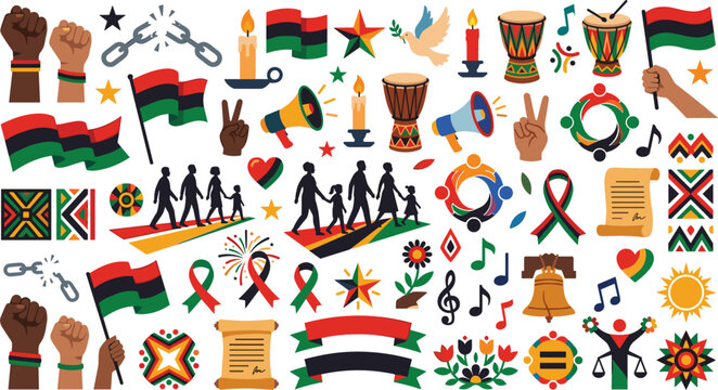 Juneteenth and Black History Month flat vector set featuring Pan-African flags, family marching silhouettes, African drums, raised fists, and cultural emancipation symbols