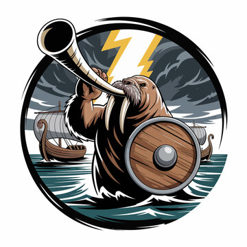 Viking Walrus Warrior Holding Horn.