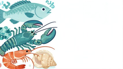 Fototapeta premium Sea creatures: fish lobster shrimp and seashell in a colorful