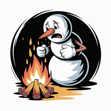 Snowman warming by campfire outdoors.