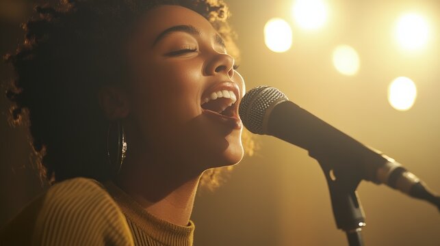 Young female singer is performing live music on stage, singing passionately into a microphone under golden spotlights, creating a captivating atmosphere