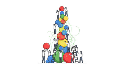 Fototapeta premium Teamwork and Business Collaboration Illustration: Diverse Group of People Building a Tower of Colorful Spheres, Representing Data, Growth, and Success