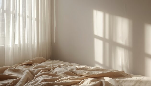 There is an unmade bed in a room with sheer curtains