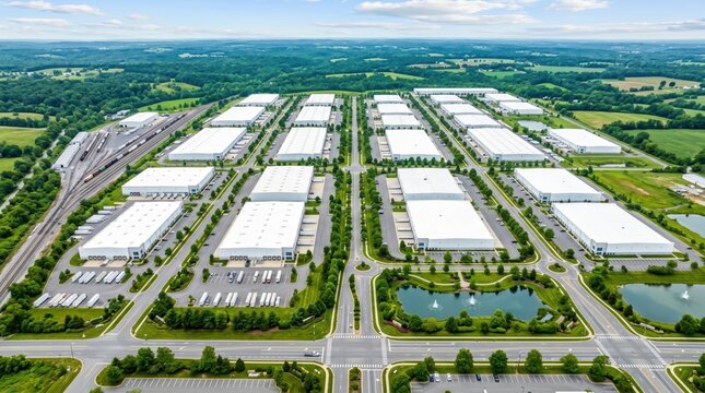 Industrial warehouse complex captured from aerial view showing grid layout within suburban logistics park