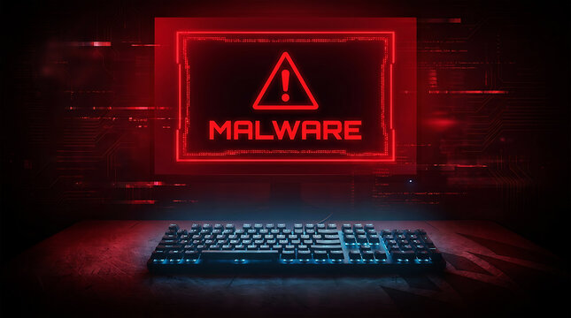 Red glowing computer screen displays malware warning over illuminated keyboard image