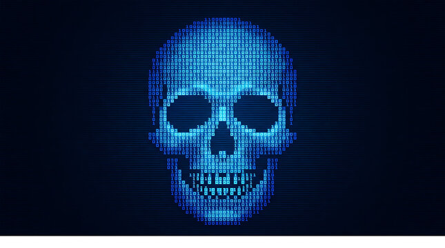 Blue binary code forms a skull shape on a dark digital background data