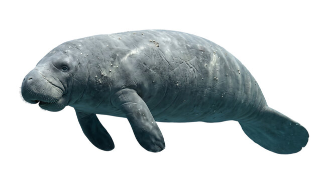 Manatee swimming in clear water, isolated on transparent background.