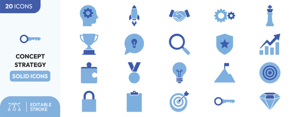 Concept Strategy icon set. Containing goal, achievement, innovation, teamwork, growth, solution. Editable stroke. Vector illustration. © Aplha