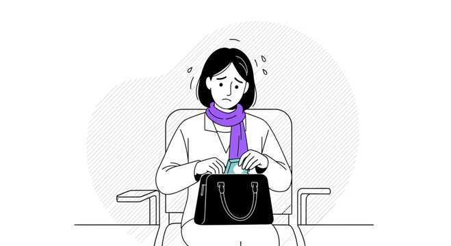 Anxious Woman Searching For Money In Her Handbag With Worry