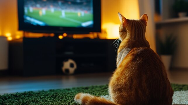 Cat watching soccer on tv cozy living room setting indoor home playful environment engaging perspective feline entertainment experience