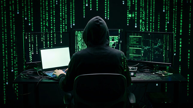 Hooded figure typing on laptop with multiple monitors displaying green code hacker
