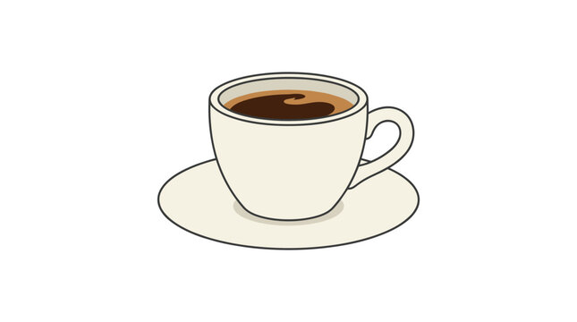 Simple Vector Illustration of a White Coffee Cup and Saucer Filled with Dark Coffee