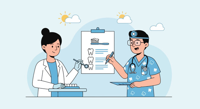 Dentists checking dental hygiene checklist, oral care concept, illustration