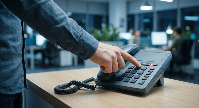 Close up of businessman hand dialing a number on landline telephone in modern corporate office at night.