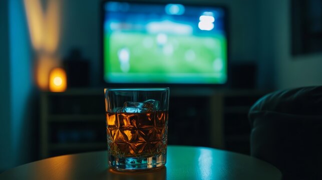 Relaxing evening with a glass of whiskey home living room cozy drink setup modern environment intimate perspective chill vibes