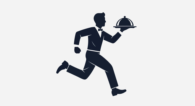 A professional waiter in a black uniform running with a tray carrying a dome-covered dish in a hurry to serve customers