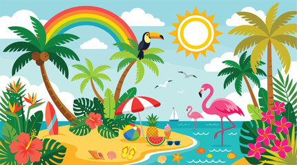 Obraz premium Summer vacation tropical beach flat vector landscape with palm trees, flamingos, rainbow, sun, and exotic jungle leaves illustration