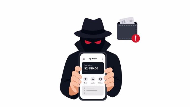 Mobile banking fraud concept with hacker holding smartphone and security warning, vector flat 2d illustration isolated on transparent background with alpha channel