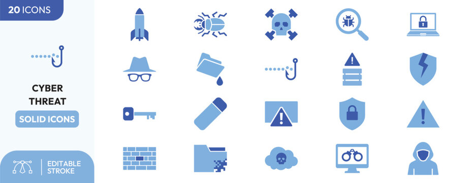 Cyber Threat icon set. Containing phishing, malware, hacker, firewall, and virus. Editable stroke. Vector illustration.