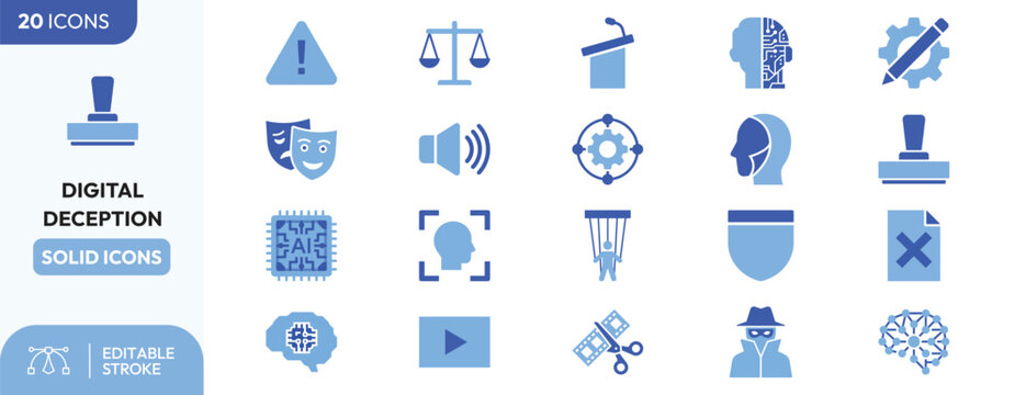Digital Deception icon set. Containing deepfake, AI, fraud, manipulation, and security. Editable stroke. Vector illustration.