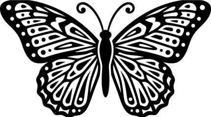 Black monarch butterfly silhouette with intricate wing patterns © Hotel