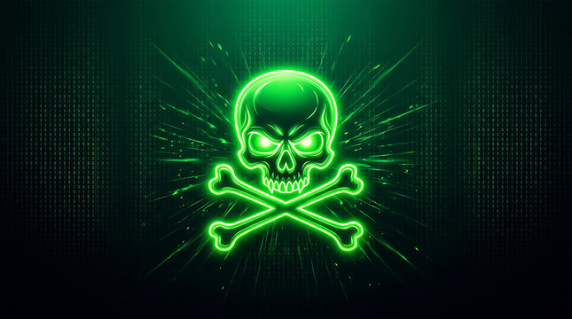 Neon green skull and crossbones with binary code background image