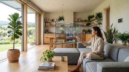 Fototapeta premium Woman interacting with a futuristic holographic interface in a modern, sunlit living room