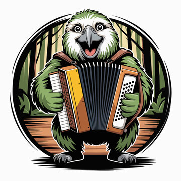 Owl playing an accordion musically outdoors.