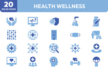 Fototapeta premium Health Wellness icon set. Containing heart, hospital, monitor, vaccine, hygiene, exercise. Editable stroke. Vector illustration.