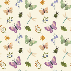 Fototapeta premium Watercolor seamless pattern with butterflies, dragonfly, beetle and forest plants. Summer woodland nature background