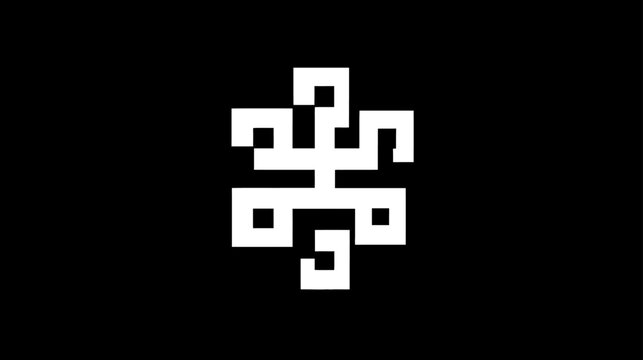 Abstract white geometric pixel art symbol on black background. Symmetrical digital retro-style design element or ornamental pattern.