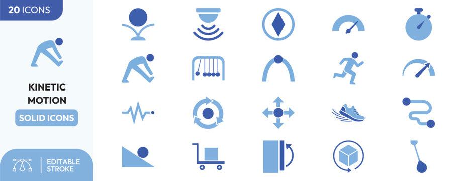 Kinetic Motion icon set. Containing movement, physics, energy, velocity, speed, force. Editable stroke. Vector illustration.
