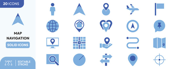 Map Navigation icon set. Containing direction, location, travel, compass, route, gps. Editable stroke. Vector illustration. © Aplha