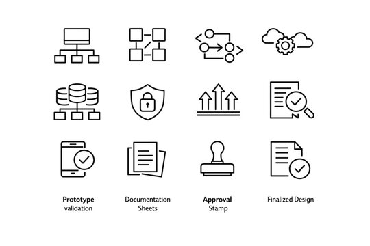 System Design Icons. System design process. Line outline icon set of system design process: architecture