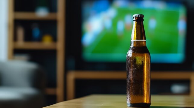Enjoy the game beer bottle in living room during sports watch party indoor setting cozy atmosphere focused perspective