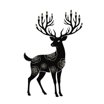 Vector silhouette of a noble chital deer with large branching antlers isolated on a white background. Detailed profile of a spotted axis deer stag for wildlife and nature design.