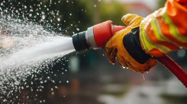 Firefighter action using fire hose to extinguish flames in urban environment close-up viewpoint emergency response concept
