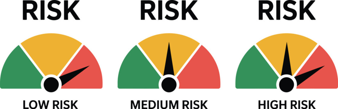 Risk, meter icon vector, gauge indicator showing low medium and high risk levels for evaluation and warning systems.