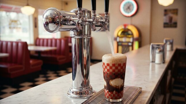 Refreshing root beer float being served at a vibrant retro American diner counter, capturing the nostalgic charm and timeless appeal of a classic soda fountain experience