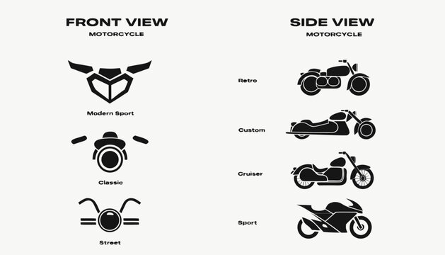 Black motorcycle icon set front and side views modern sport retro custom cruiser