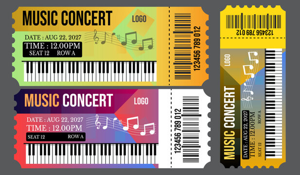 Music concert tickets, event pass ticket design vector 