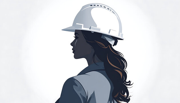 Profile of a female engineer wearing a white hard hat, depicted in a pixelated style with a subtle gradient background, representing construction and industry