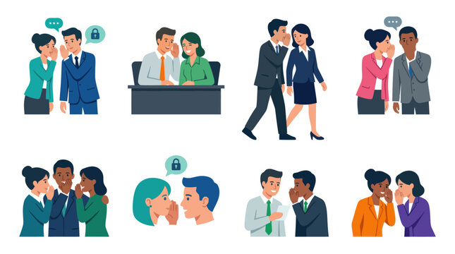 Multiethnic business colleagues sharing secrets and gossiping in office settings.