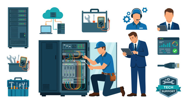 Network technicians and engineers working in a data center.