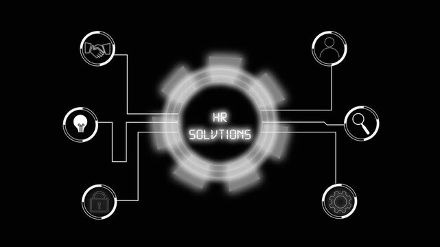 Advanced HR solutions graphics map corporate employee management networks. Technical HR solutions icon visualizes corporate career recruiting data. Human resources concept with HR solutions.